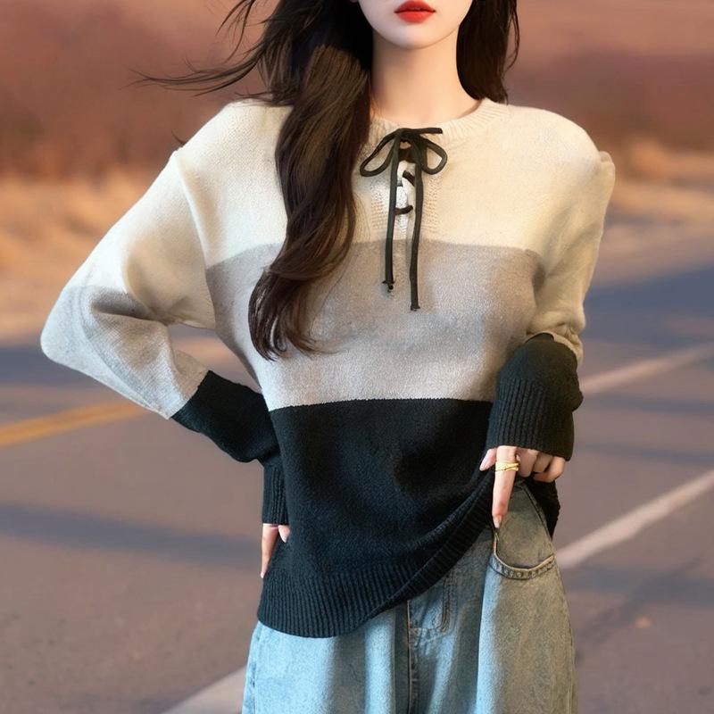 Autumn 2025 Korean Color Block Loose Knit Sweater for Women
