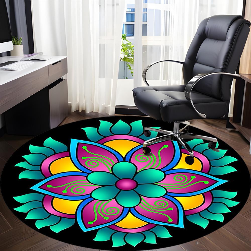 1pc Colorful Flower Mandala Chair Carpet for Office, Round Polyester Mat, Indoor Decor for Office, Easycare Fabric, Washable Non-slip Area Carpet