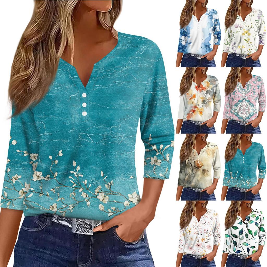 Women's T Shirt Tee Print Button 3/4 Sleeve Daily Weekend Fashion Basic V- Neck Regular Top