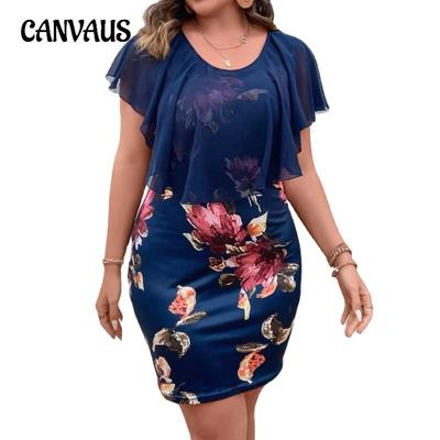 Damen-Kleid in Übergröße, Chiffon, Rundhalsausschnitt, Gaze-Print, lockerer Schnitt, Bedeckung des Gesäßes