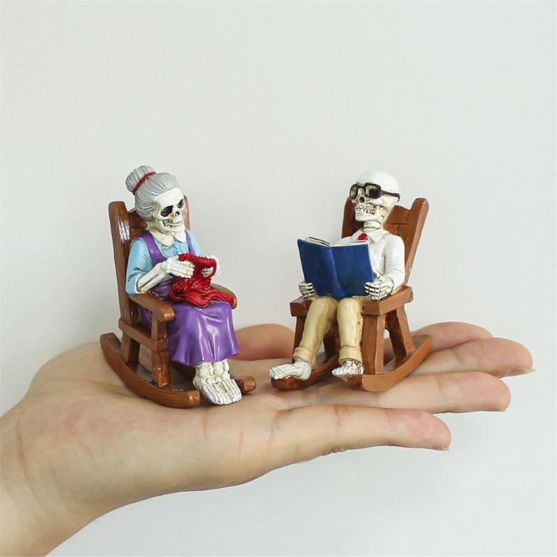 2 Piece Gothic Skeleton Couple Sitting In Rocking Chair With Book Figurine Sculpture Horror Home Decors Resins Ornaments