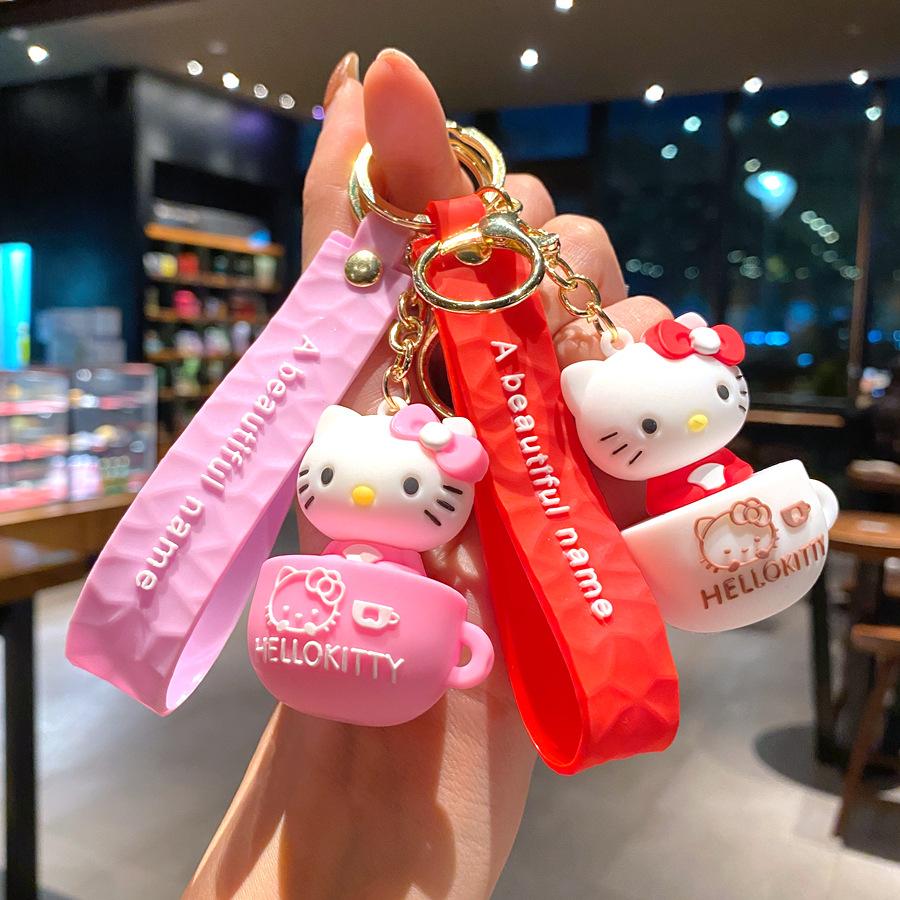 Creative Cartoon Teacup Kt Cat Keychain Hello Kitty Cute Pendant Schoolbag Pendant Girl Student Pendant