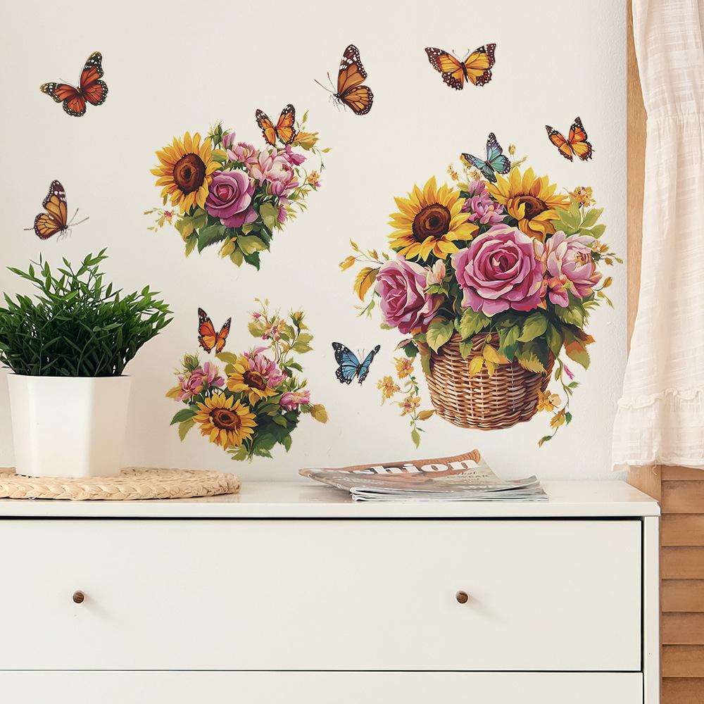 Hand Painted Sunflower Basket and Butterfly Wall Sticker for Bedroom Living Room Background Self-Adhesive Removable Home Decor