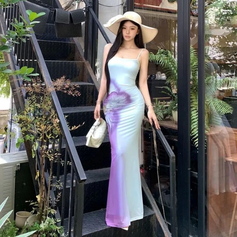 

Designed Gradient Printed Suspender Dress Women Summer Fishtail Fashion Casual Hip-hugging Long Skirt S синій
