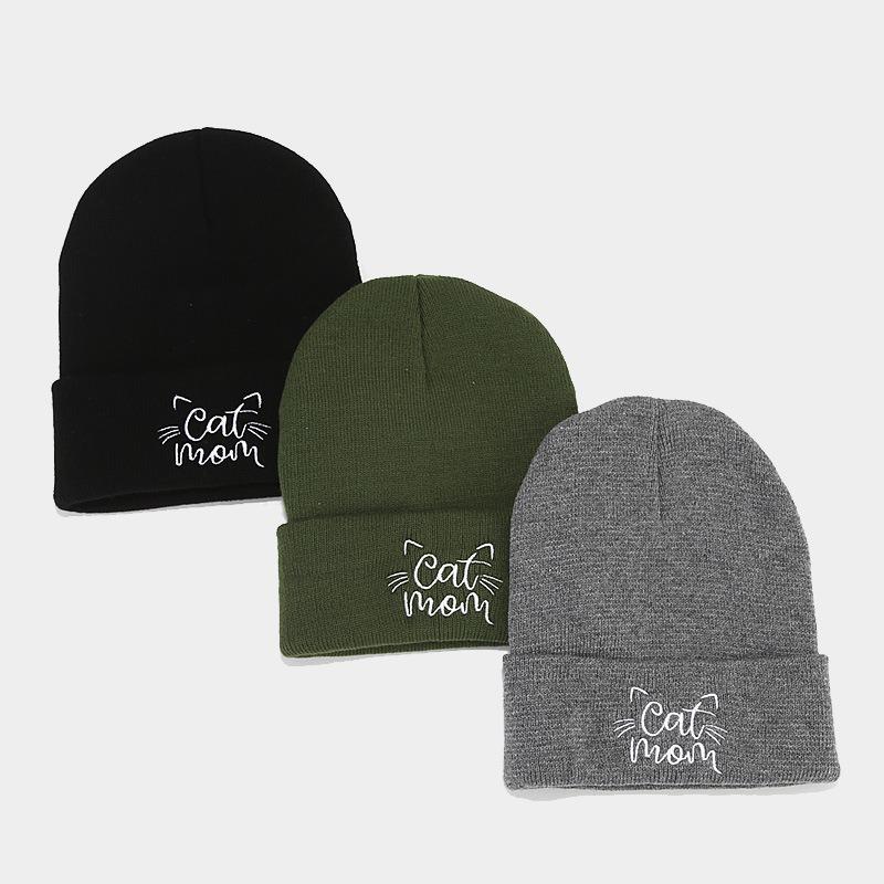 New Cute Cat Mom Embroidery Simple Pile Hat Women's Autumn and Winter Fashion Warm Wool Hat Light Mother Hat