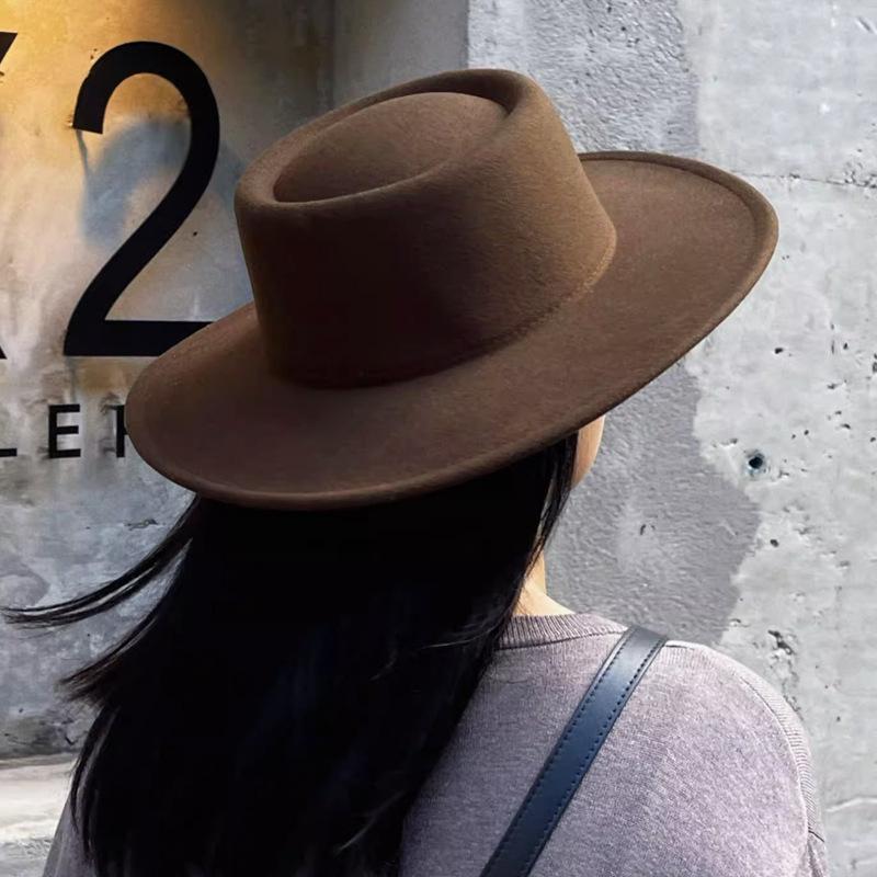 New Retro Imitation Wool Hat for Women Solid Color Versatile French Top Hat British Large Brim Dome Concave Felt Hat