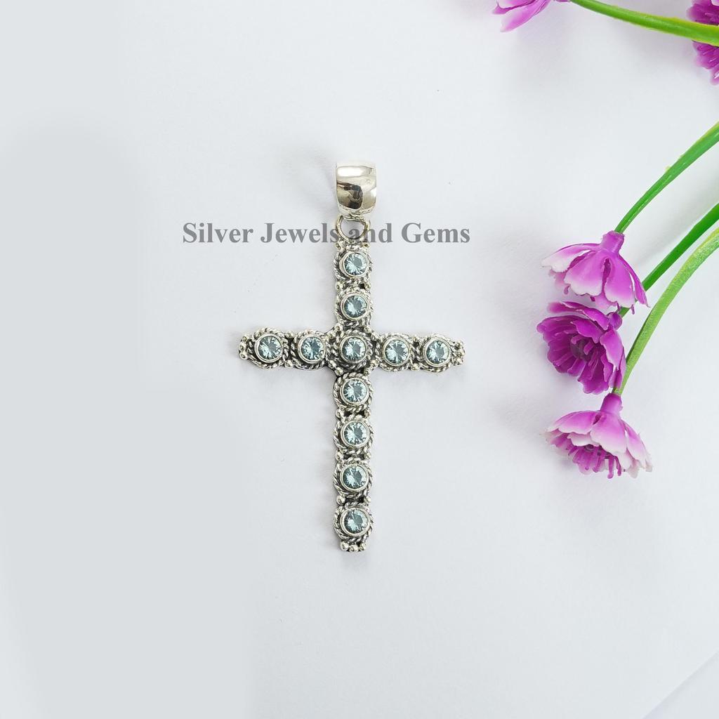 Natural Blue Topaz Cross Pendant, Anniversary Pendant, Round Gemstone Pendant, 925 Sterling Silver Pendant, Topaz Handmade Pendant