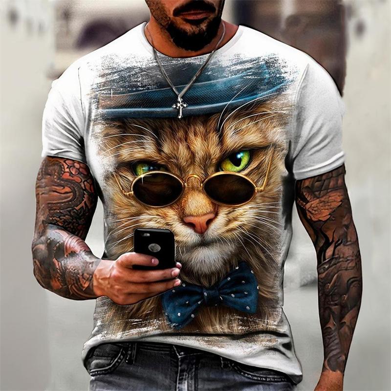Hip Hop Cool Cat Vintage T-shirt Men's Clothing Street Personality Y2k Short Sleeve