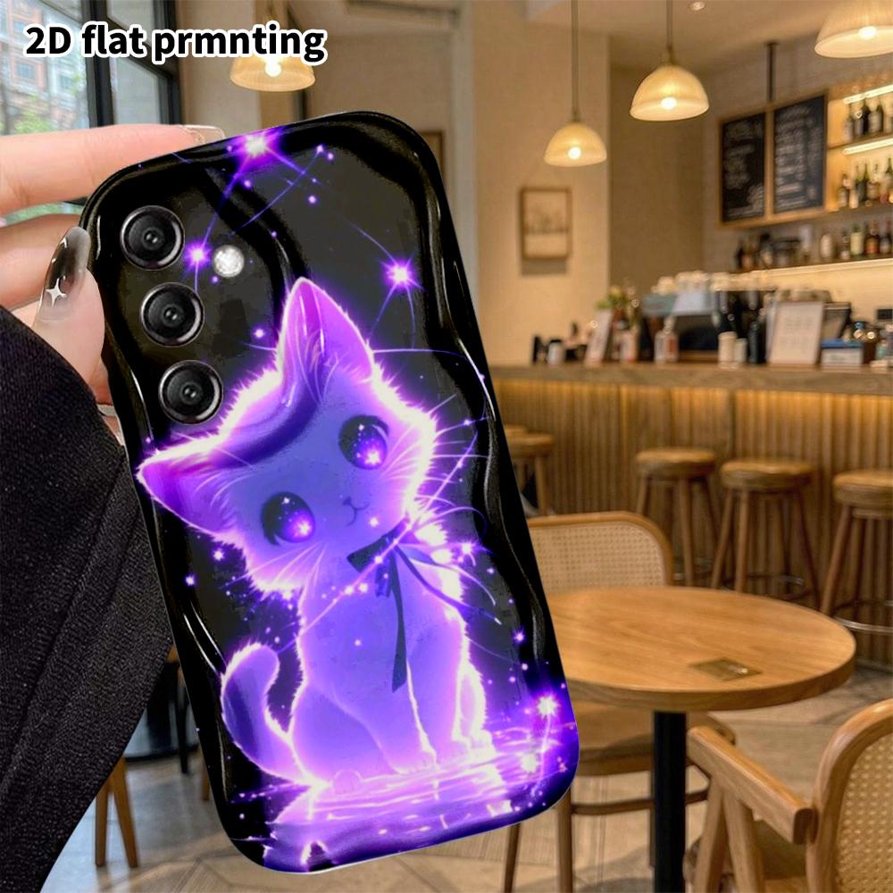 Phone Case: 2D Flat Samsung Galaxy A34 A35 S20 S22 S21 FE Plus Ultra Protective Case, Neon Glowing Purple Kitten, Christmas and Halloween Gift