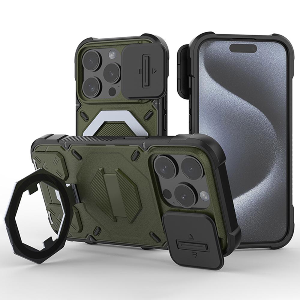 

For iPhone 15 Pro Case Compatible with MagSafe Camera Lens Guard PC+TPU Kickstand Phone Cover with Lanyard C