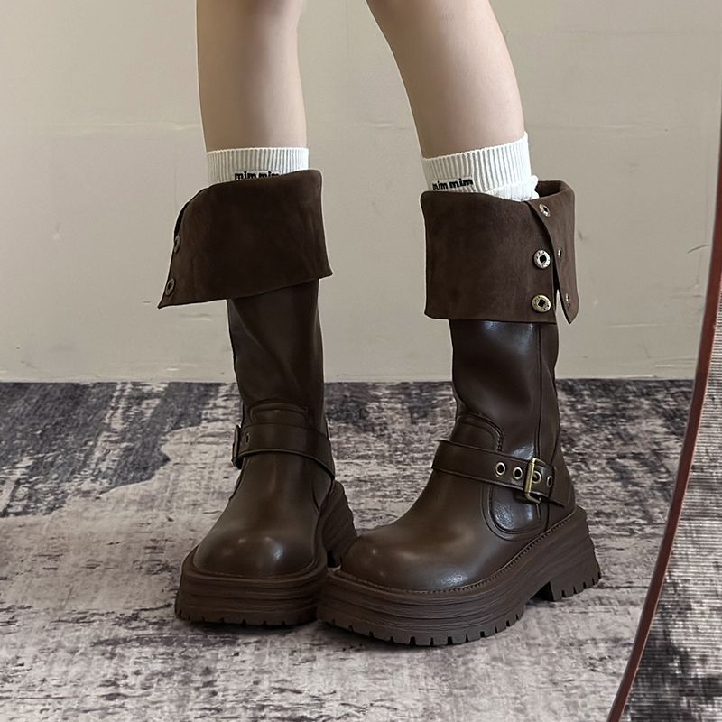 Versatile but knee-thin fashion boots 2025 autumn and winter new fashion two wear British style thick heel boots women