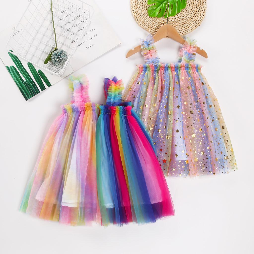 New Girls' Summer Rainbow Mesh Princess Dress & Tutu Skirt