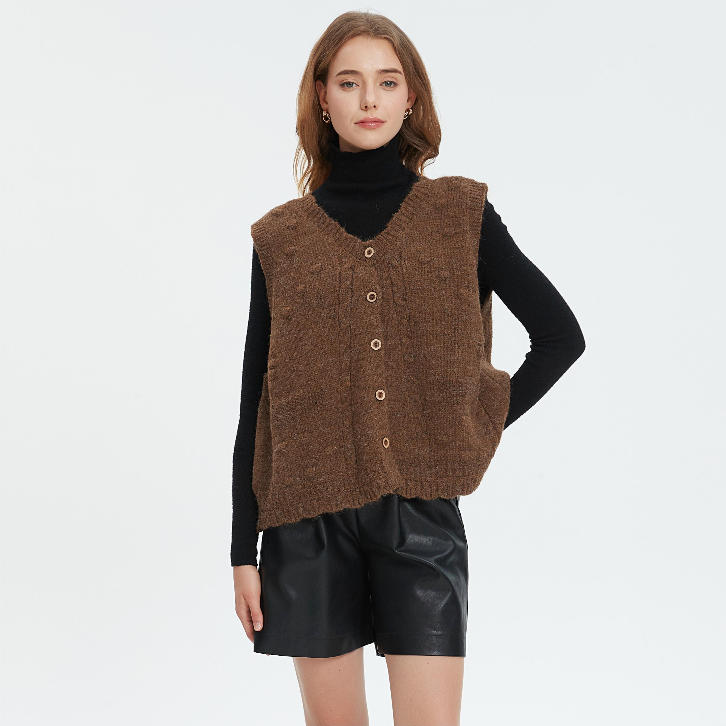 

DIMANAF 2025 Зимний Большой Размер Осенний Женский Жилет Без Рукавов Свитера Вязание Пуговицы Оверсайз Повседневный Стиль Свободный Свитер One Size коричневый