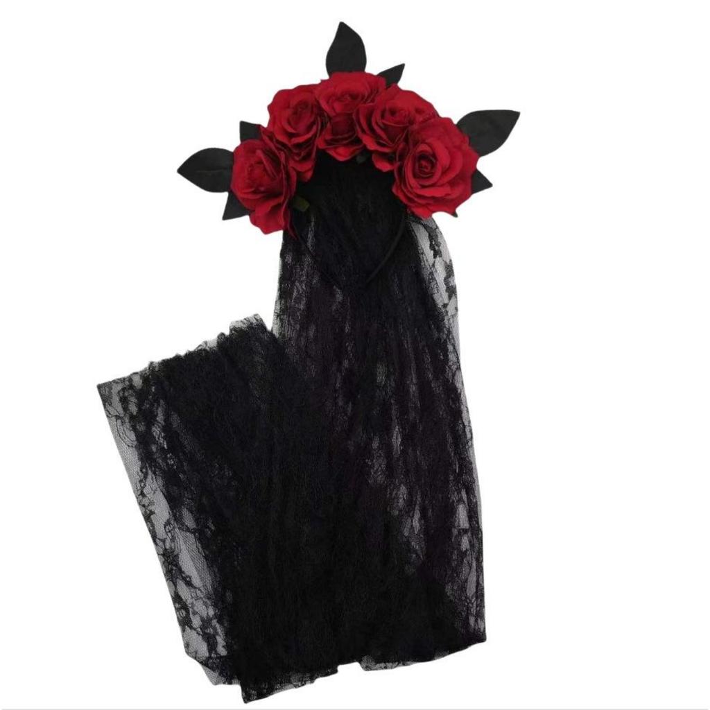 Halloween Headband Wreath Simulated Rose Flower Headband Lace Veil Bridal Party Headband Headband