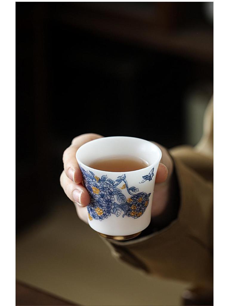Ice Jade Mutton Fat Jade White Porcelain Tea Set with Enamel Painted Hydrangea and Sancai Gaiwan