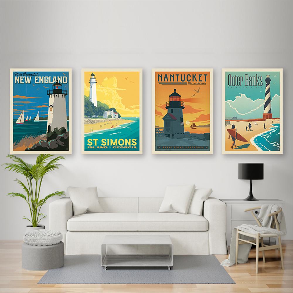 Lighthouse Sea Wave Landscape Canvas Posters Wall Art Print England Outer Banks Saint Simons Island Painting Pictures Home Decor