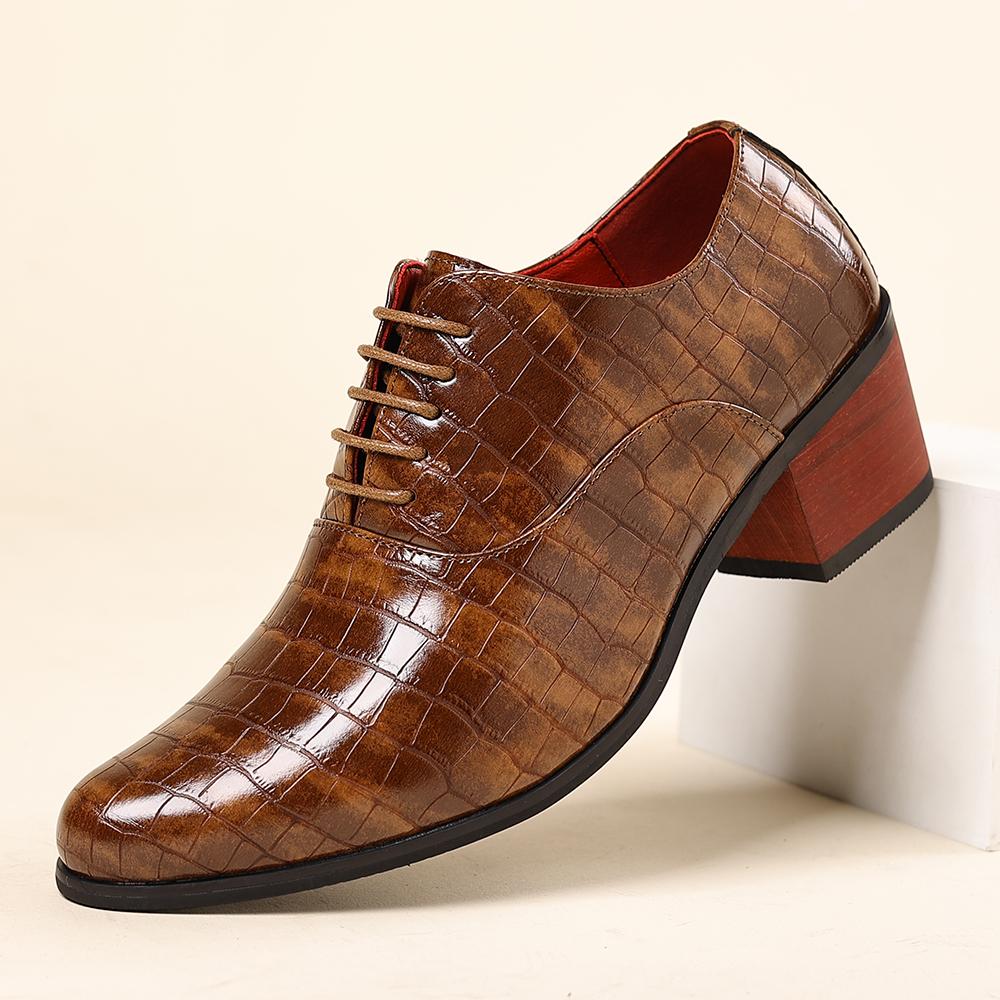 

2026 Fashionable Casual Leather Shoes with Height Increase for Men s Checkered High Heels 47 коричневий