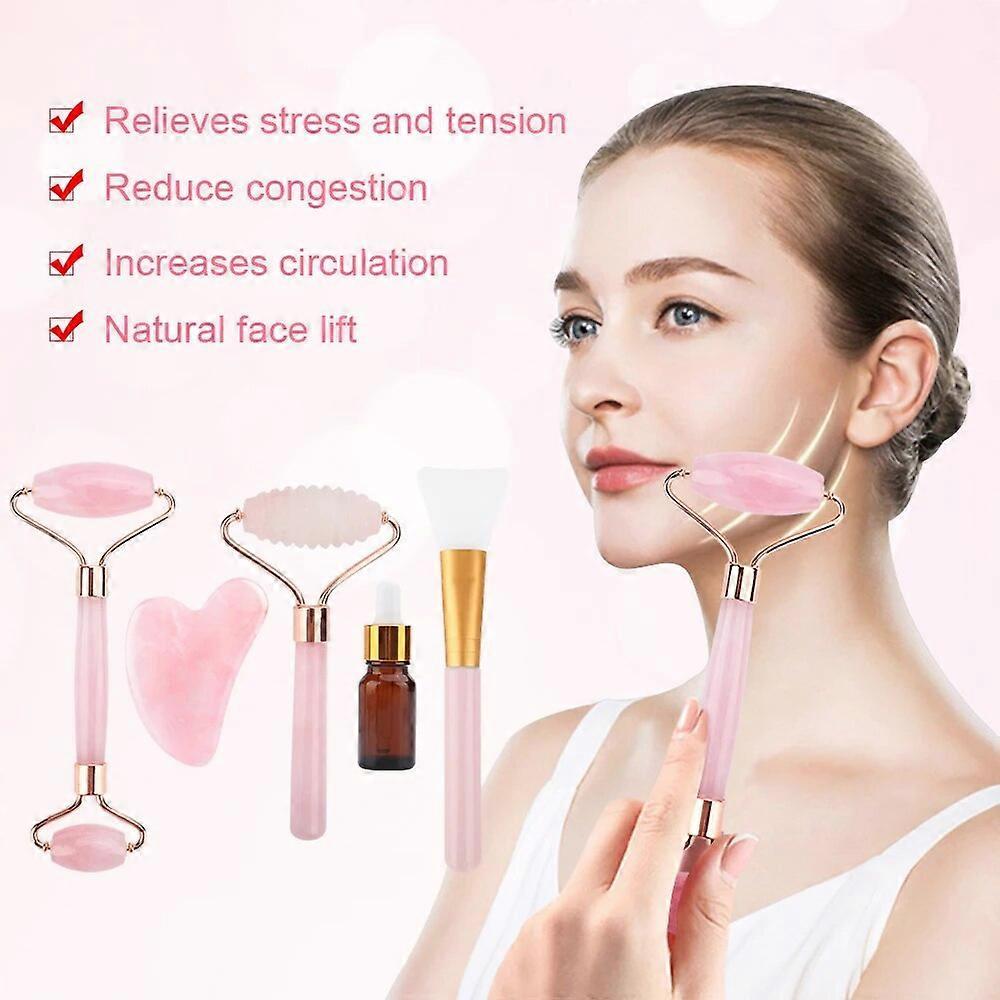 Jade Roller And Gua Sha Set Rose Quartz Face Massager 6 In 1 Facial Roller Gift Box Massager For Face Beauty Skin Care Tools