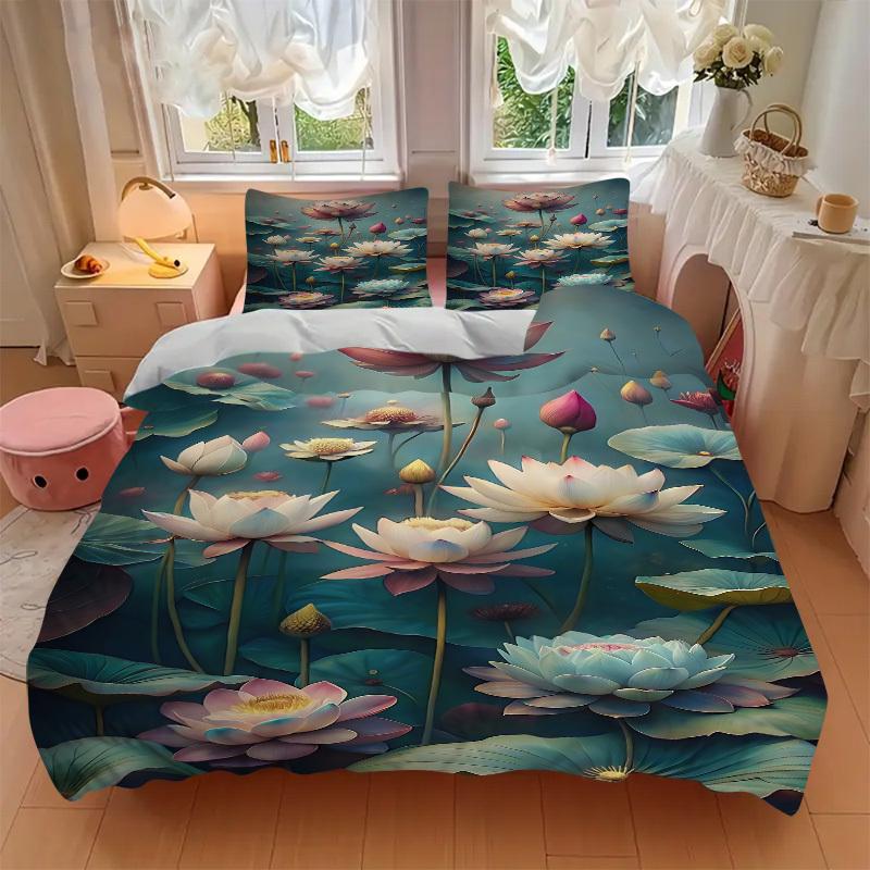 3pcs Lotus Pond Soft Comfortable Bedding set, For Bedroom, Guest Room And Dorm, All - Season Use, High-Definition Printing149