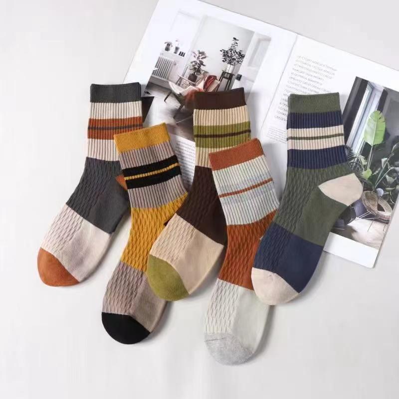 5 Pair Striped Casual Breathable Socks High Quality Harajuku Retro Socks Cotton Socks