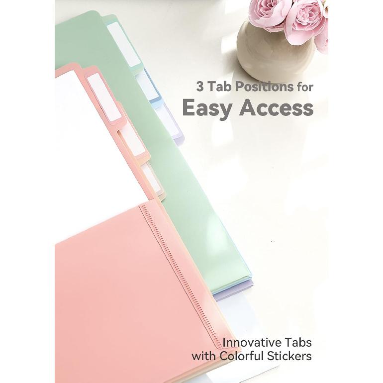 Plastic Folders with Pockets 3 Hole Punched, 6 Pack Pastel Pocket Folders for 3 Ring Binder, Unique 1/3 Cut Tabs with Colorful Labels, School