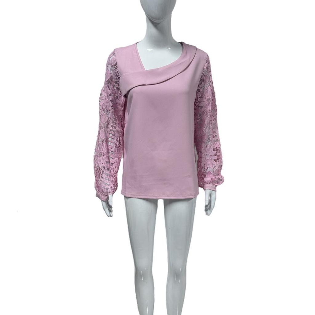 Spring Autumn Women's Lace Splice Knit Top, Elegant Fashion Casual Versatile Blouse For Women, European American Style Outerwear