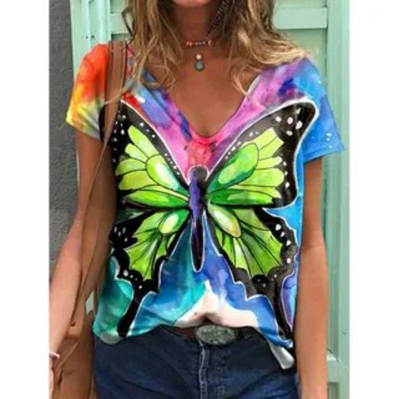 Summer V-neck 3D Creative Butterfly Gradient Printed Top Fashionable Casual Short Sleeved Women's T-shirts