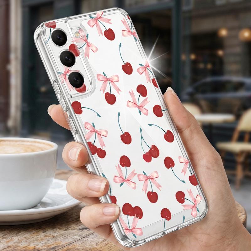 Cherry Bowknots Case For Samsung A57 S26 Ultra A37 A17 A56 A36 A26 A16 A55 A35 A25 A15 A54 5G S21 FE S22 S23 S24 S25 Plus Clear TPU Soft Cover