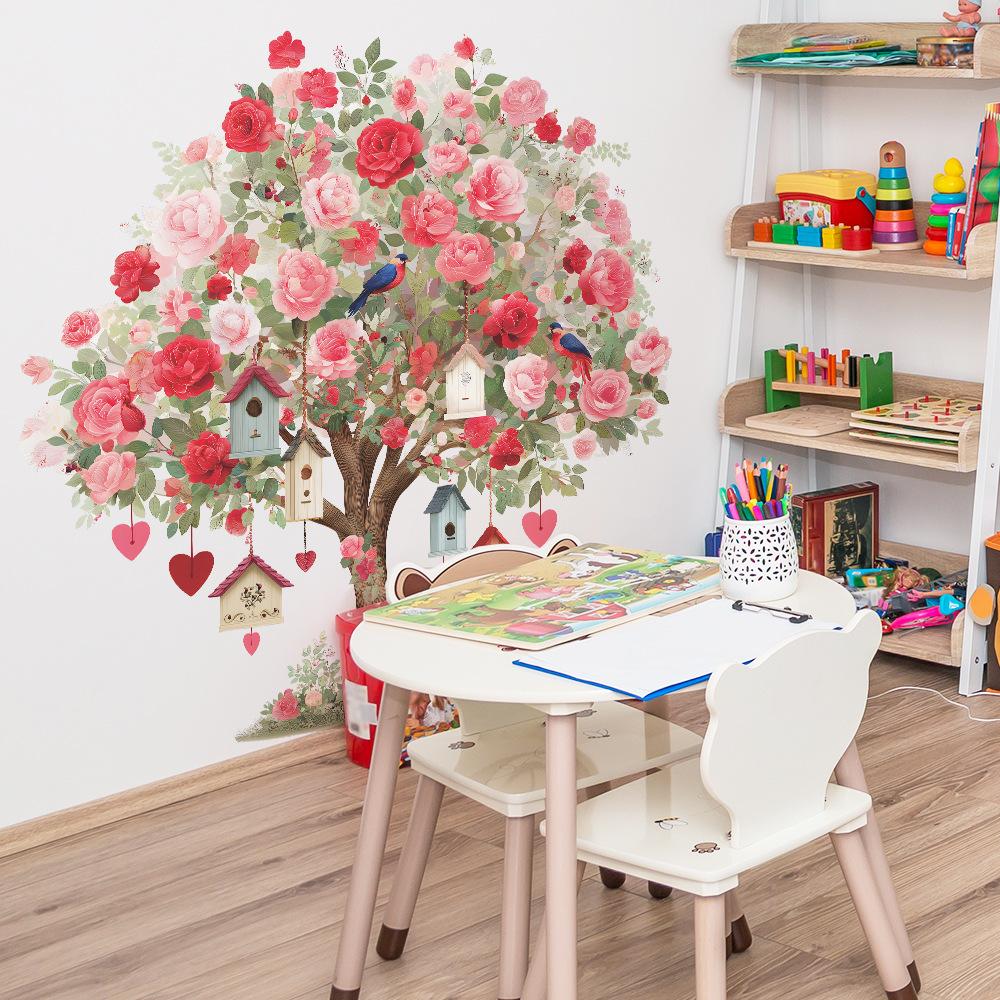 Les Fleurs Roses sur Le Grand Arbre et Les Stickers Muraux Décoratifs pour Le Salon et La Chambre de La Maison d'Oiseau