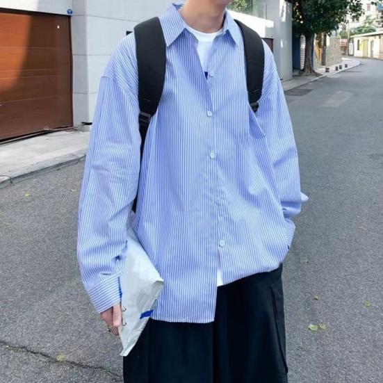 Klopa Nášivka s dlouhým rukávem Kapsa Jednořadá Pánská košile Podzimní Volný střih Pruhovaný potisk Košile Kabát