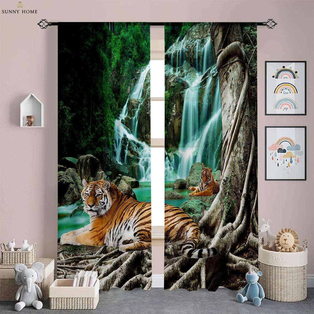 Lion Forest Animal 3D Printed Curtains Children's Room Living Room Study Decorative Curtains Home Decor 2 Pieces