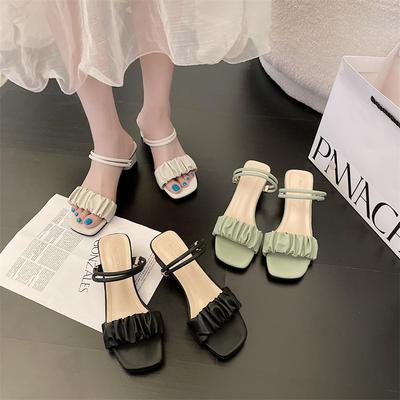Temperament Thick-heeled Sandals Women's 2025 Summer New Korean Version Square Head Pleated Open-toed One-word Buckle Strap High-heeled Sandals Women