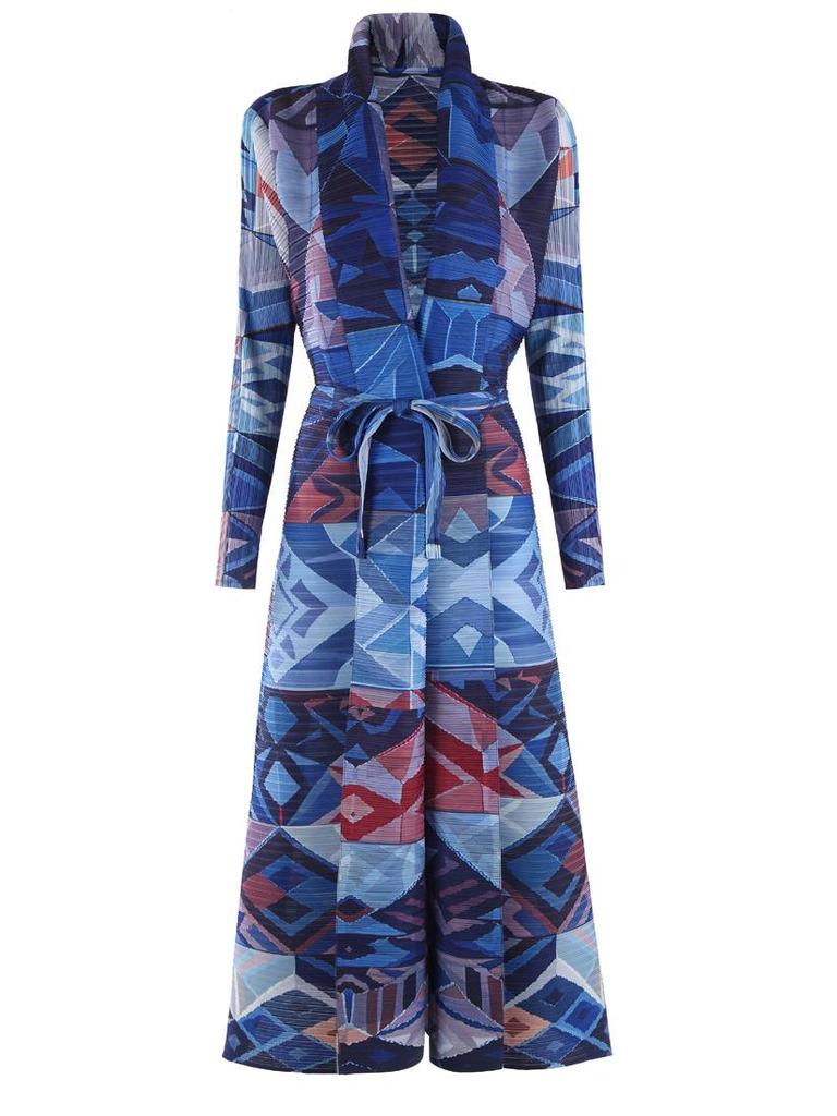 Pleated Printed Long Trench Coat for Women - 2025 Spring Lapel Loose Fit Plus Size Long Sleeve Robe