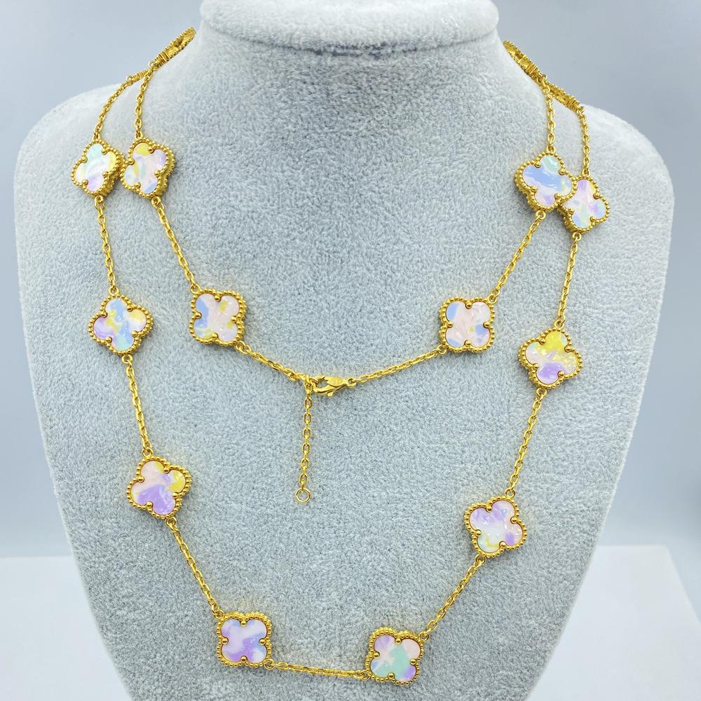 

15MM Titanium Steel Necklace 20 Flowers 90+5CM Four-leaf Clover Side Groove Batch Angle Necklace High-end Women s Sweater Chain
