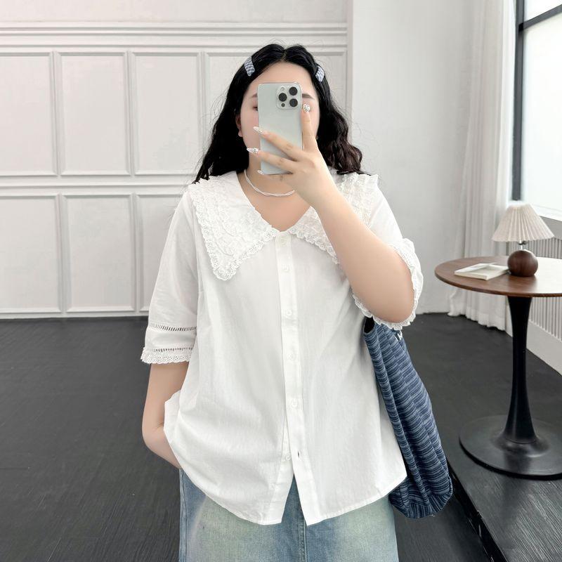 

Plus size women clothing [Artistic Lace Shirts] Early Autumn Chubby Girl Hollow Embroidered Lapel Three-Quarter Sleeve Elegant Shirt Cheese White 5XL([Recommended 87.50 kg-97.50 kg]])