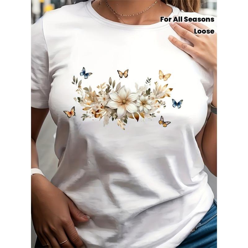 

A Short-Sleeved T-Shirt with a Butterfly And White Peony Pattern, Featuring a Slightly Loose Fit, Perfect for Casual Vacations S белый