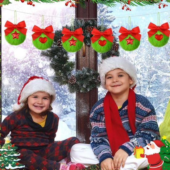 10 Pcs Green Furry Christmas Ball Ornaments with Red Bow Soft Faux Fur Pom Pom Ball Hanging Decorations for Holiday Tree Decor