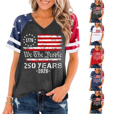 Women's Casual V Neck Short Sleeve Pullover T Shirt Independence Day Graphic Top 250 Years Commemorative Design Lightweight Comfortable Fit