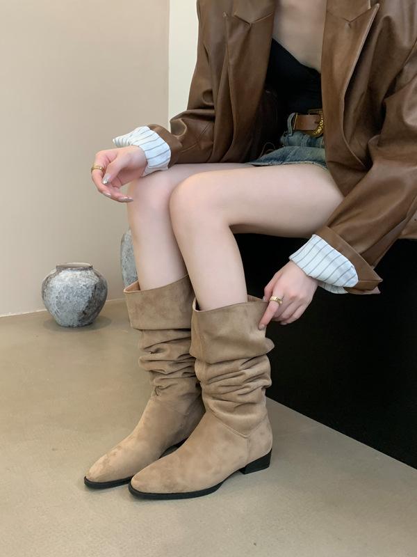 Rynkiga Stövlar Högklackade Stövlar Damklack Ridderskor Western Cowboystövlar Mellanhöga Stövlar