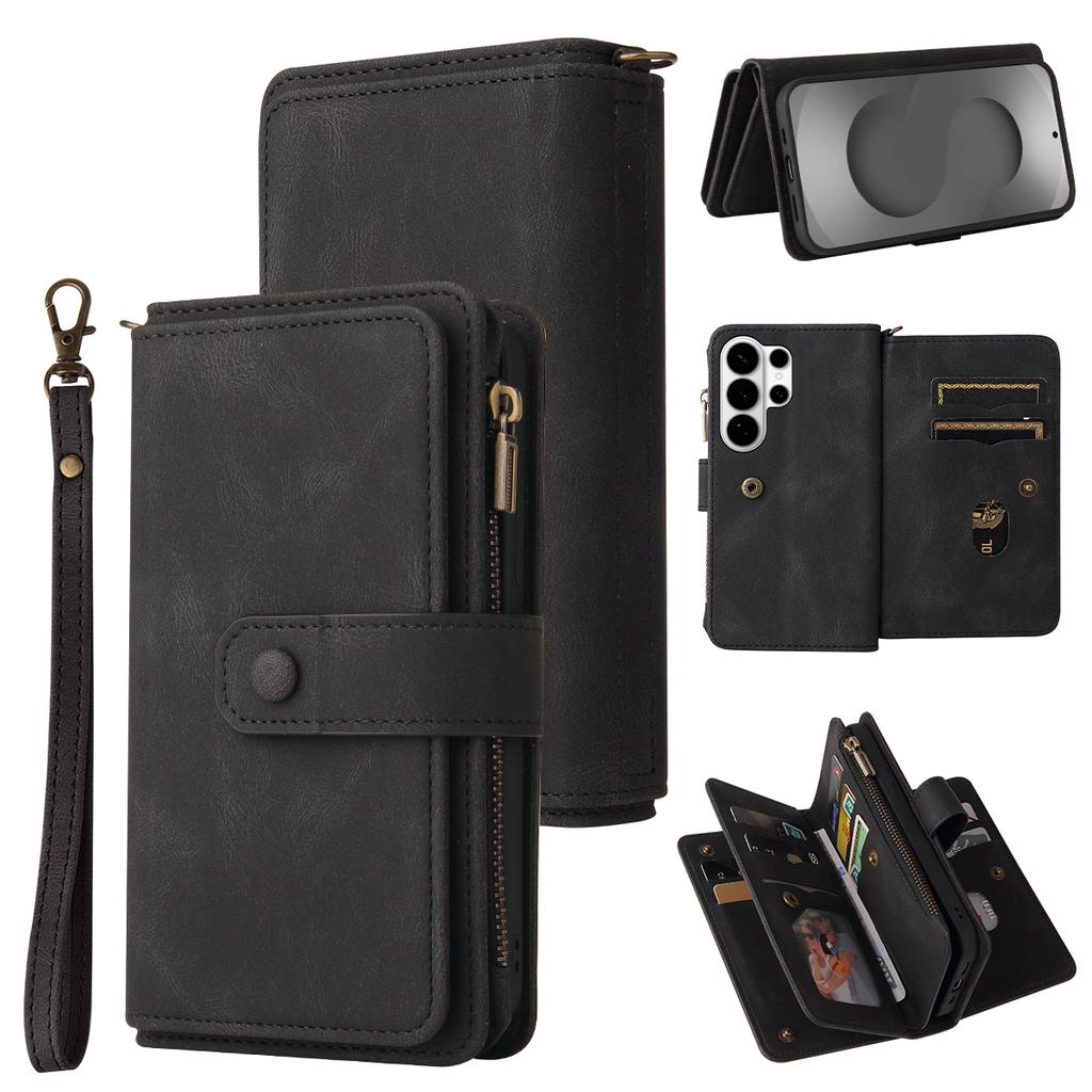 Pro Samsung Galaxy S26 Ultra Peněženkové pouzdro na zip s 15 sloty na karty a popruhem Kožený kryt na telefon