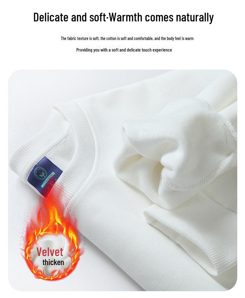 Men's Loose Fit Round Neck Hoodie with Long Sleeves and Velvet Layer, Autumn/Winter Style
