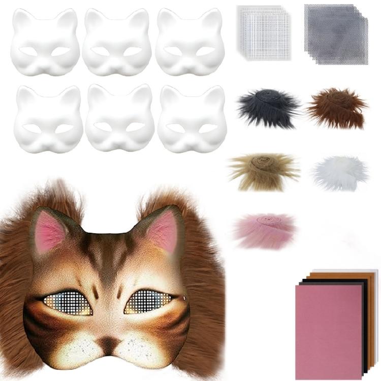 Cats  Foxes Mask with Furs Eye Mesh Felts Sheet Therians Dress Up Mask to Paint for Halloween Masquerade Cosplay Party
