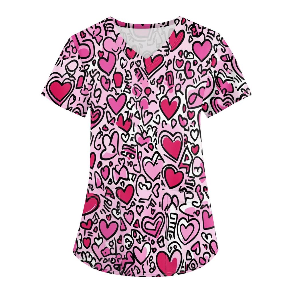 Women's Fashion V-neck Short-sleeved Work Clothes With Pockets Valentine's Day Print Top Care Wear