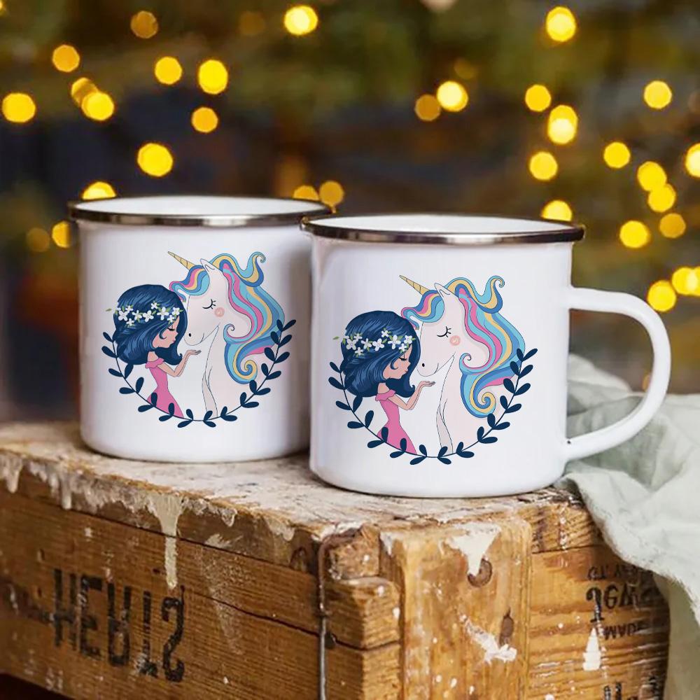 Girl and Unicorn Enamel Cup Drinkware Mugs Coffee Cups Tourist Mug Kawaii Unusual Tea Cup Personalized Gift Cupshe Beer Travel