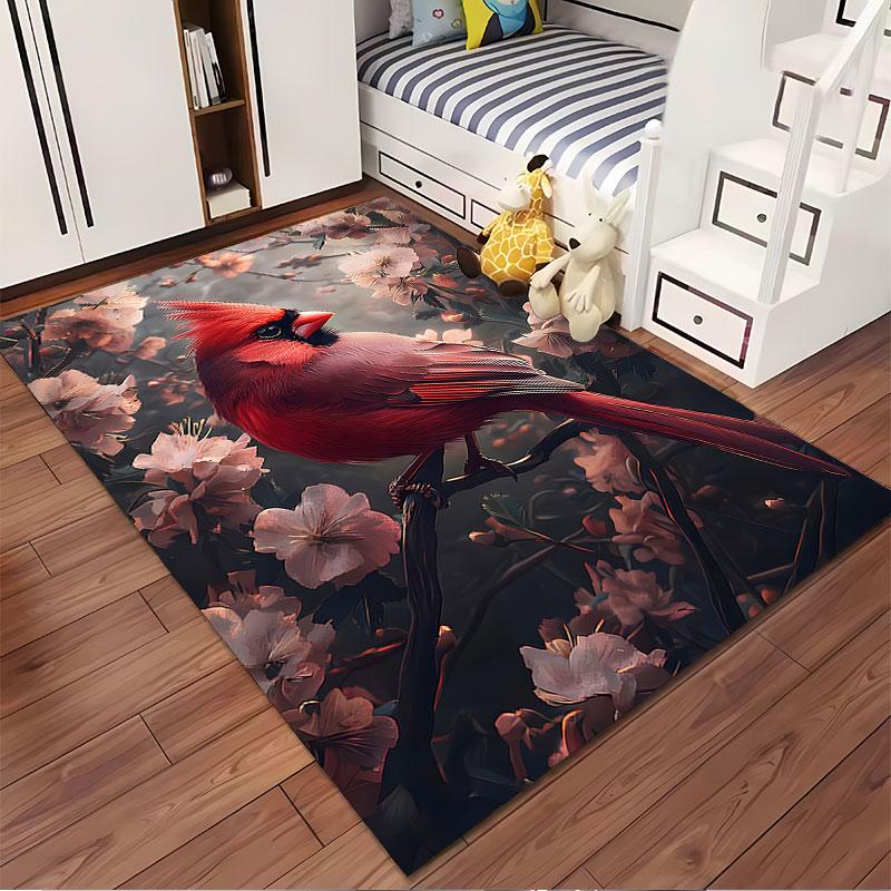 Red Cardinal with Floral Branches Suitable As a Non-slip Mat for the Living Room or Bedroom Sofa
