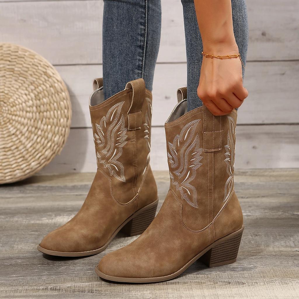 Fashion Shoes for Women New Embroidered Western Cowboy Boots Women Autumn Pointed Toe Thick Heel High Knee Boots Woman Botas De Mujer