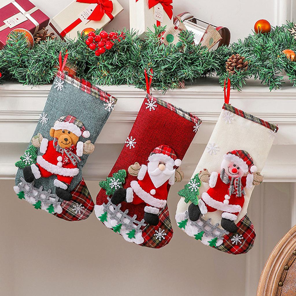 Christmas Stockings Cute Large Linen Drawstring Reusable Candy Storage Gift Packing Tree Hanging Fireplace Xmas Holiday Decor