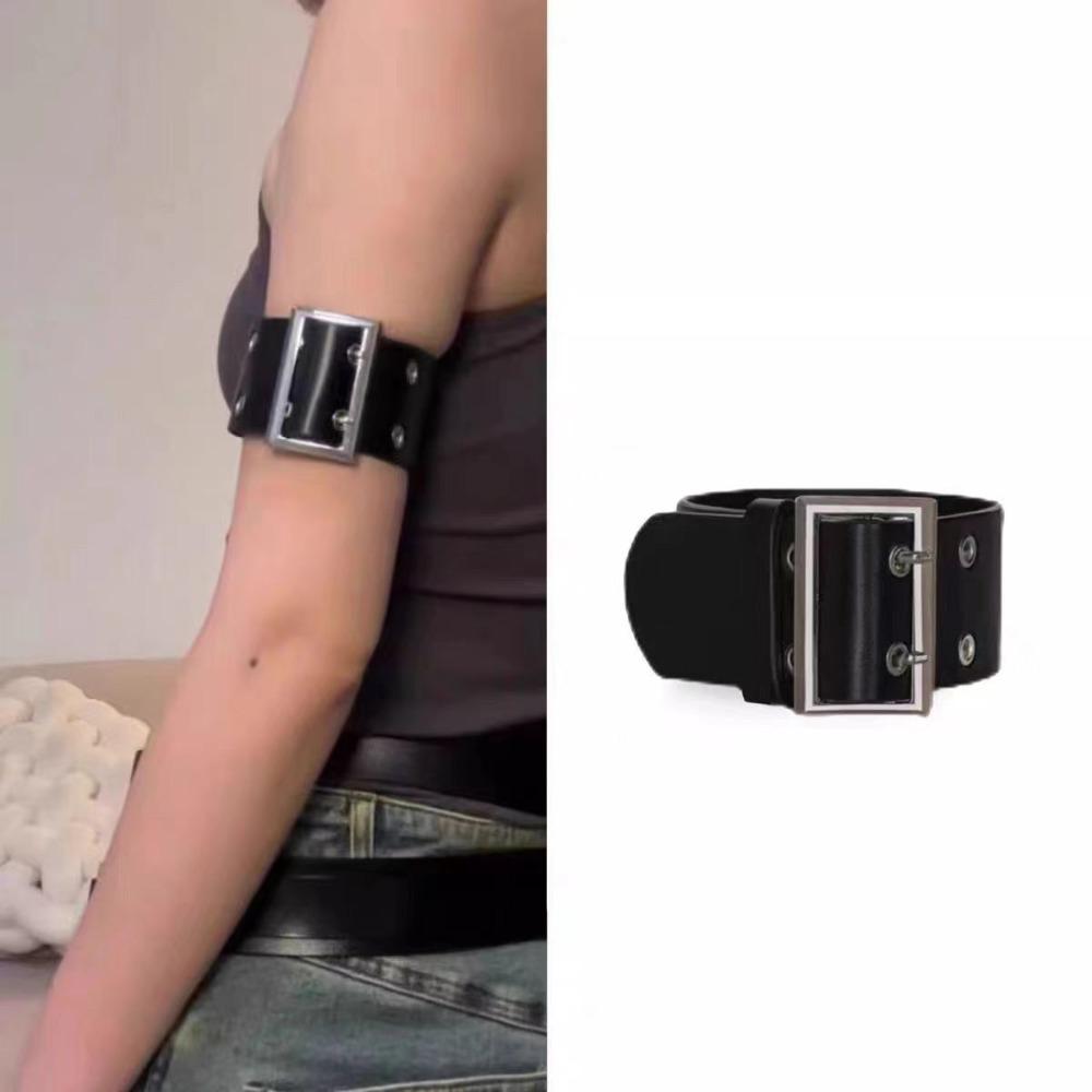 Retro Punk Sliver Color Belt Fastener Black Leather Armband Bracelets for Women Men Arm Belt Fashion Personality Jewelry Gifts