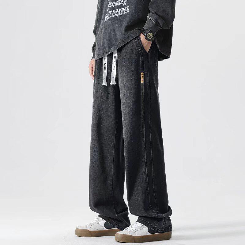 

2025 Мужские джинсы из мягкого денима на эластичной талии: Весенне-осенние прямые свободные повседневные брюки с широкими штанинами 5XL