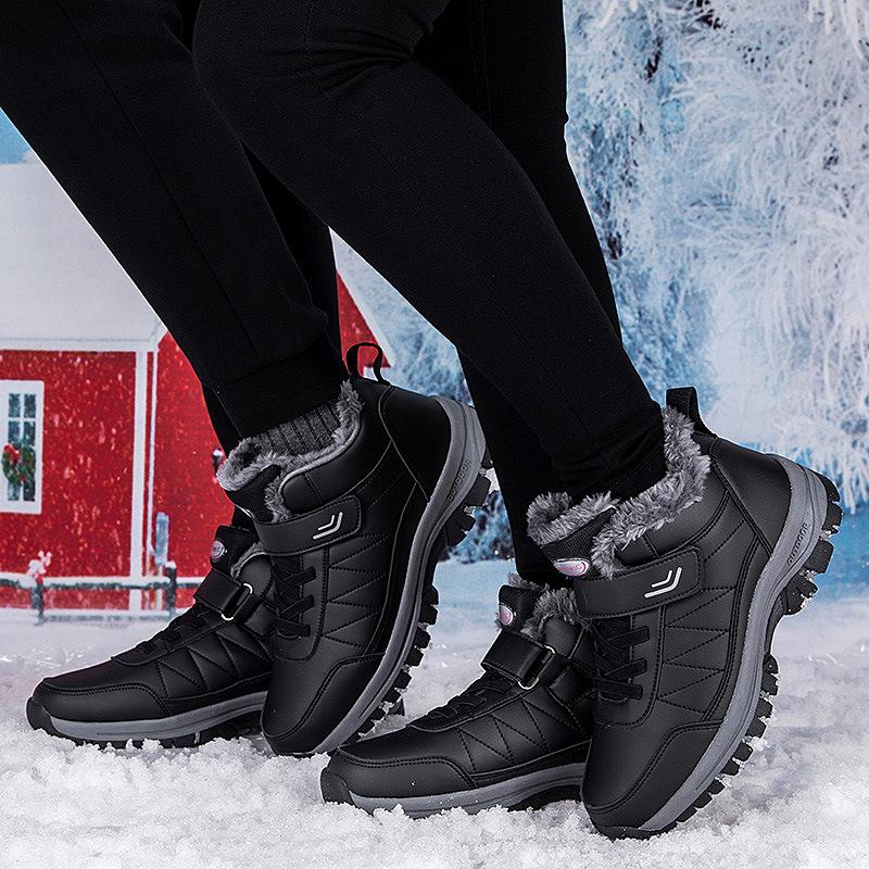Women's Waterproof Non-Slip Warm Leather Snow Boots with Plus Velvet, Mid-Aged Comfort, Winter Cotton Walking Shoes